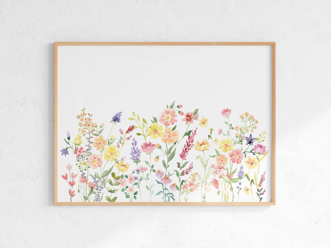 Horizontal Wildflower Meadow Watercolor Pastel Floral Art Print