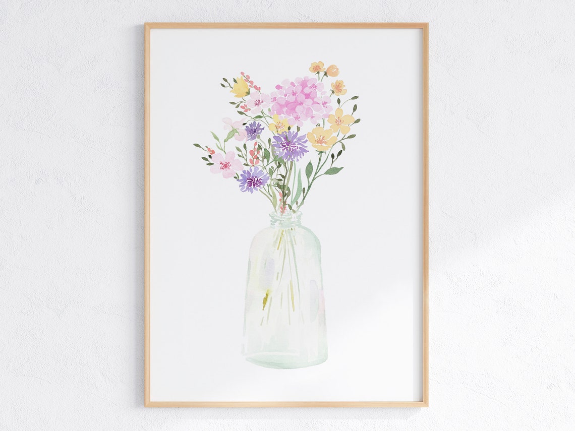 Wildflower Bouquet In Glass Vase Bright Watercolor Floral Poster