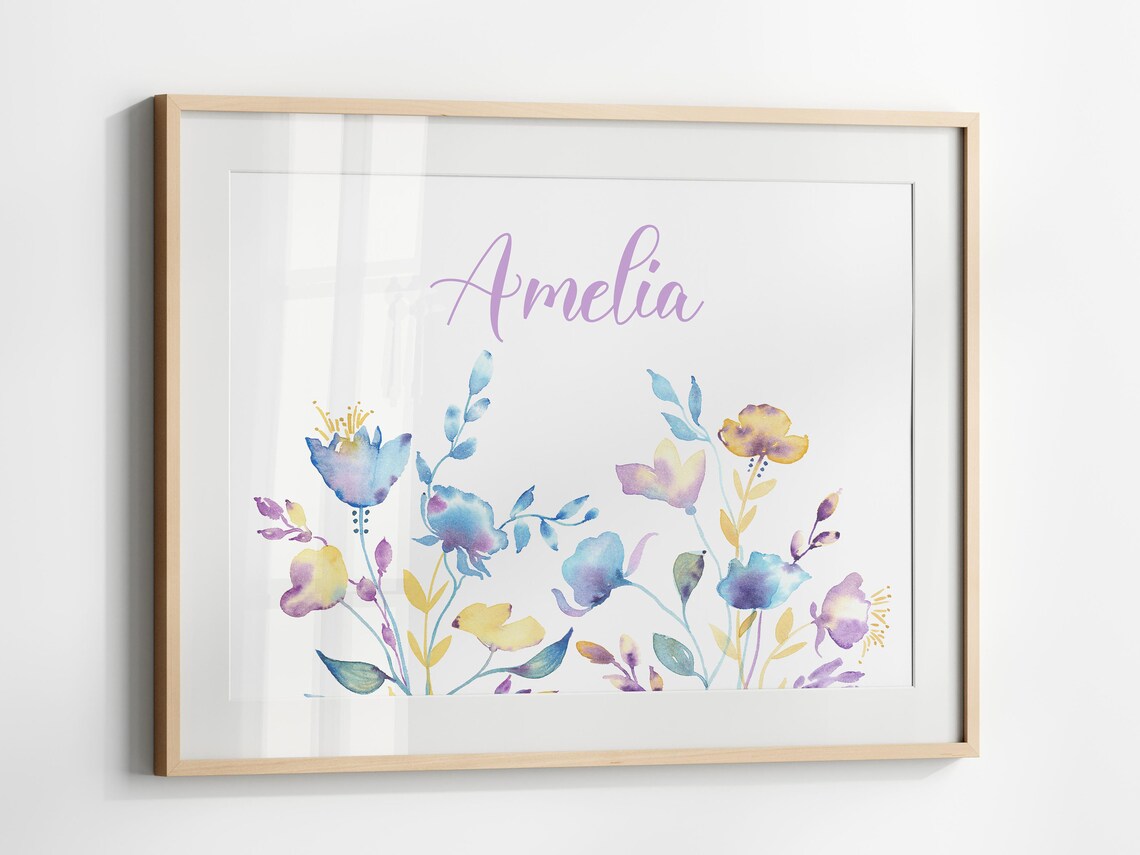 Personalized Wildflower Name Nursery Poster with Purple and Blue Blooms