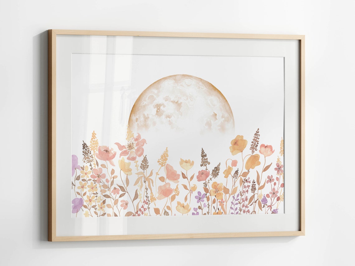 Dreamy Boho Wildflower Meadow Under Moon Watercolor Wall Art - Image 3
