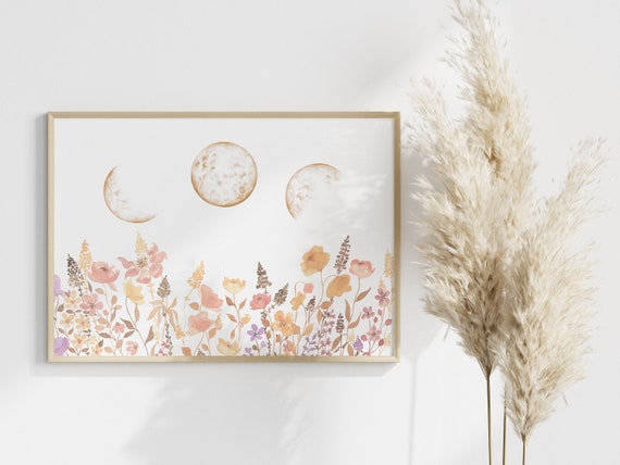 Boho Wildflowers With Moon Phase Print Horizontal Floral Moon Watercolor Neutral Color Wall Art