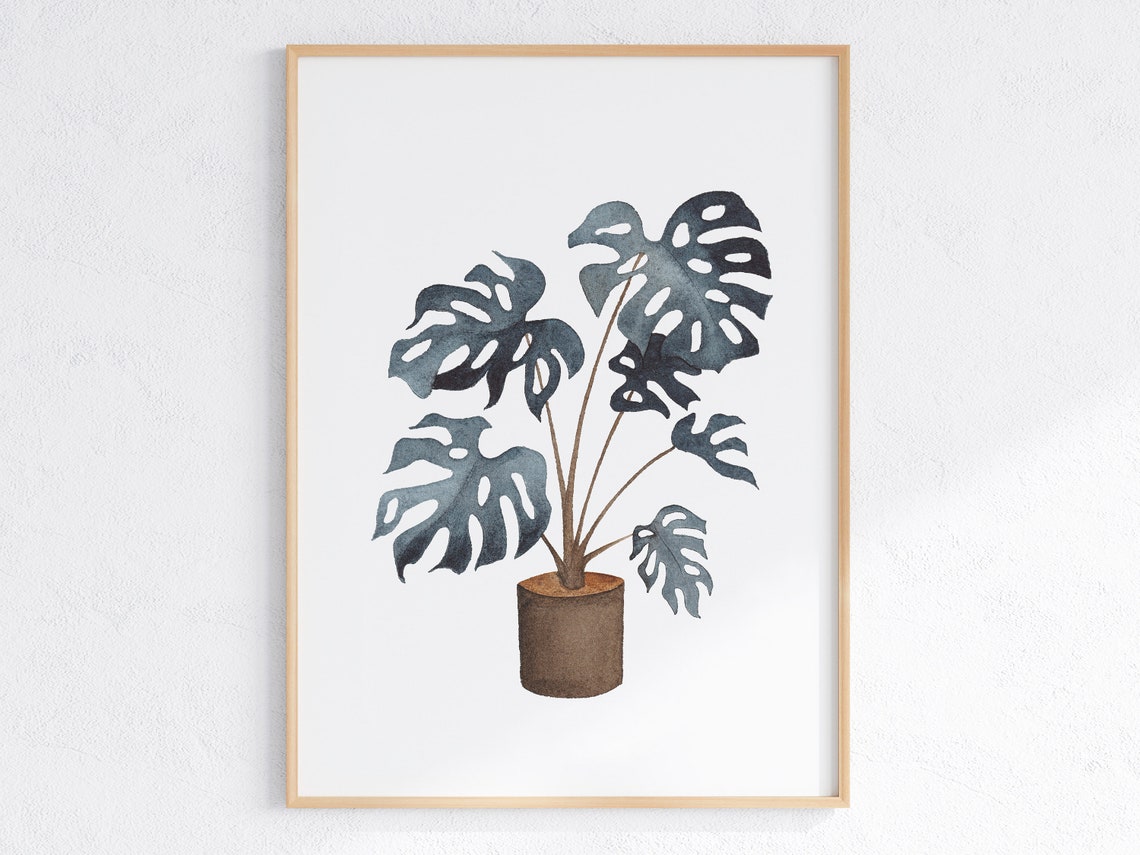 Navy Blue Monstera Watercolor Potted Plant Botanical Art Print