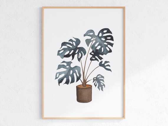 Navy Blue Monstera Plant Wall Art Boho Botanical Print Mid Century Modern Art Living Room Wall Art