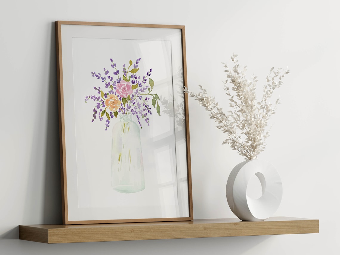 Lavender Flower Bouquet in Vase Watercolor Art Print - Image 2