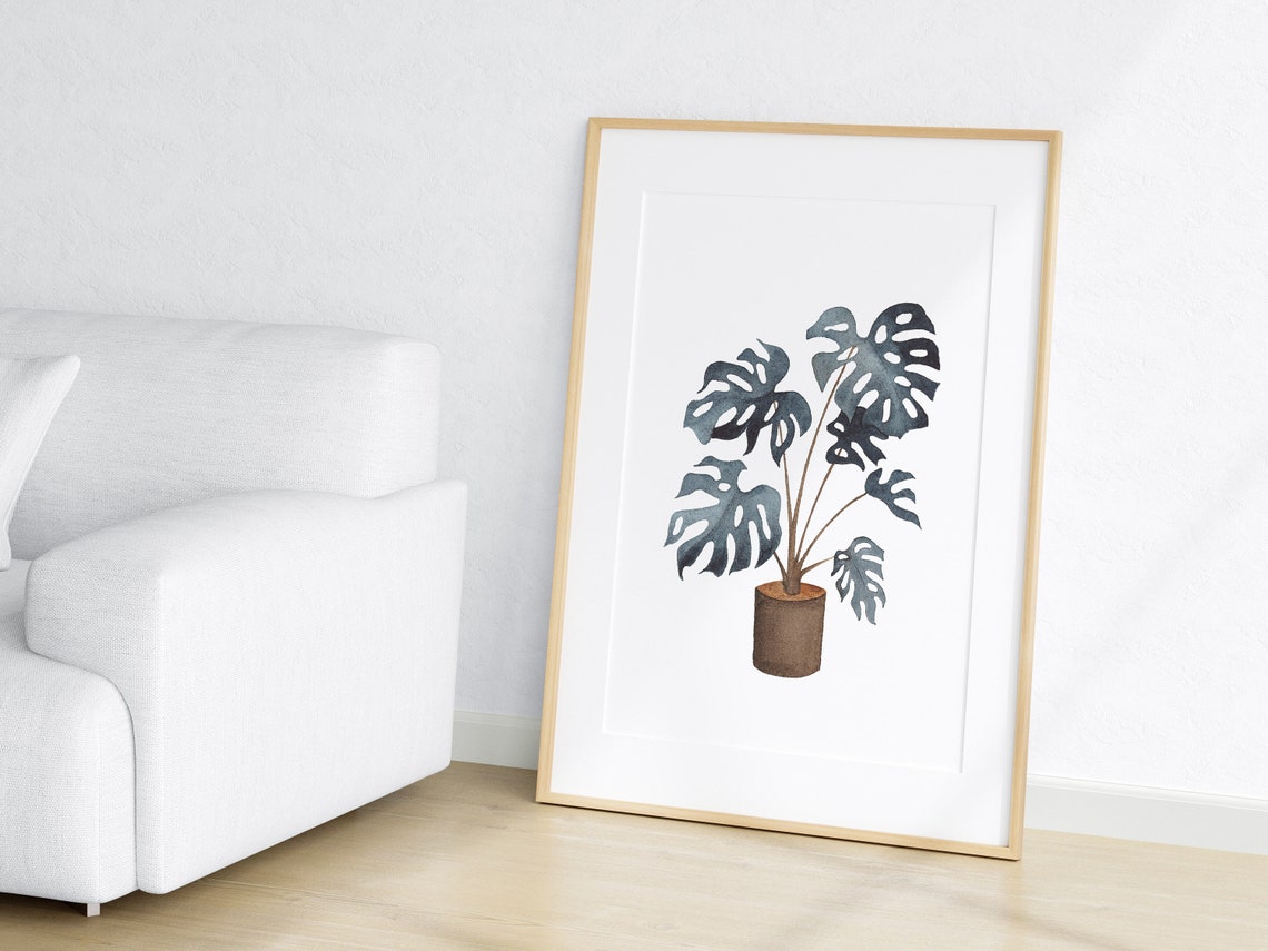 Navy Blue Monstera Watercolor Potted Plant Botanical Art Print - Image 2