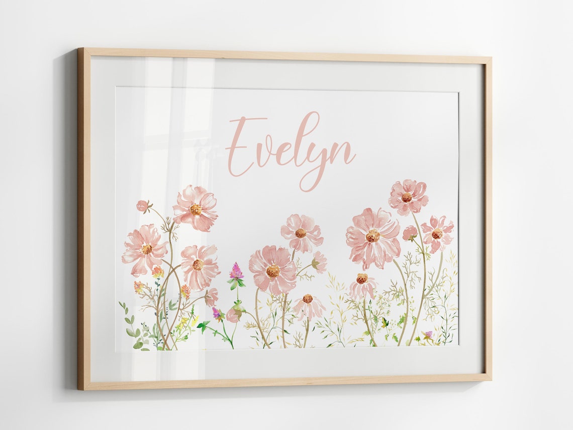 Personalized Wildflower Name Nursery Poster with Pink Cosmos Blooms
