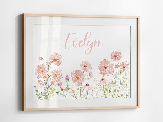Personalized Wildflower Name Nursery Poster with Pink Cosmos Blooms