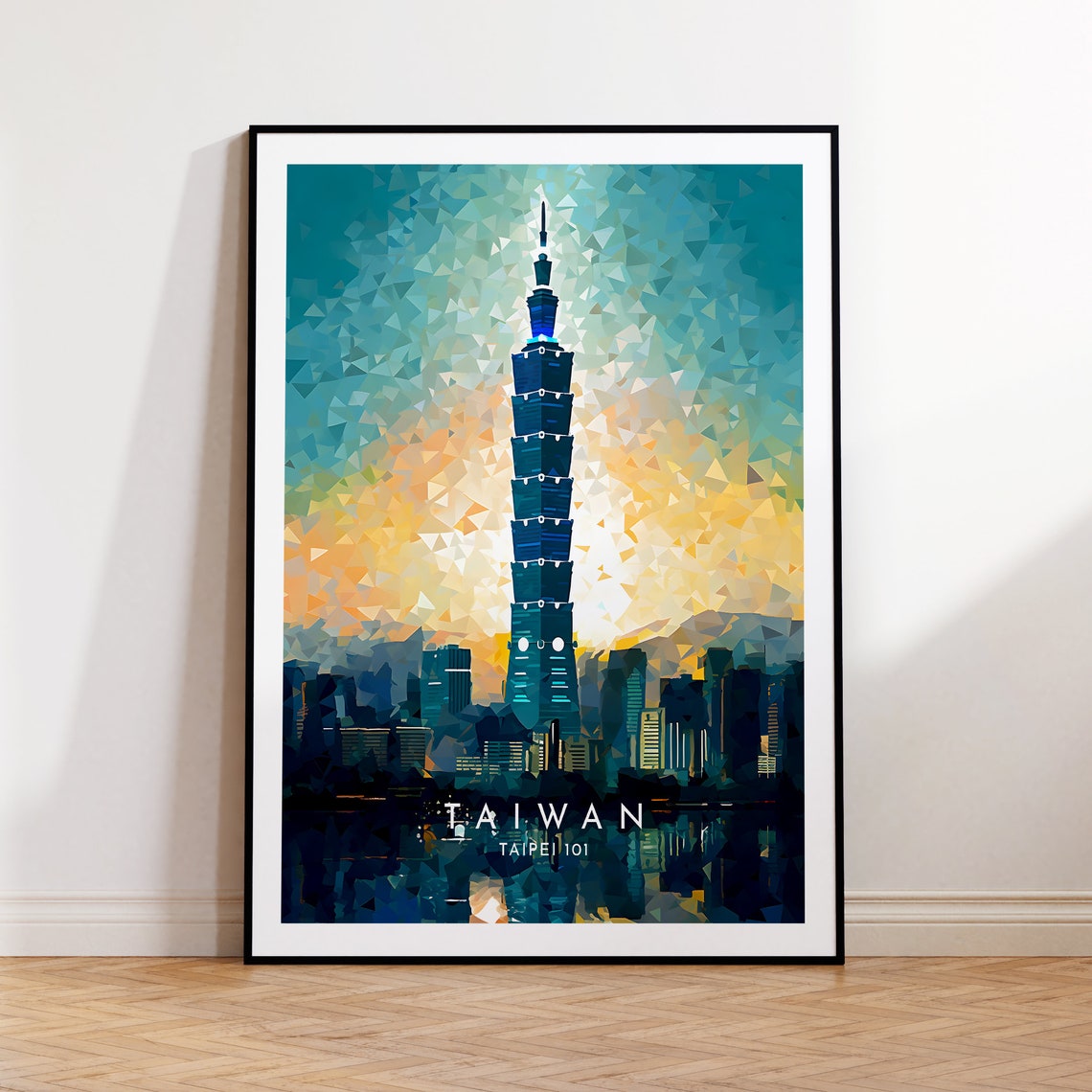 Taipei 101 Taiwan Night Cityscape Low Poly Mosaic Style Poster
