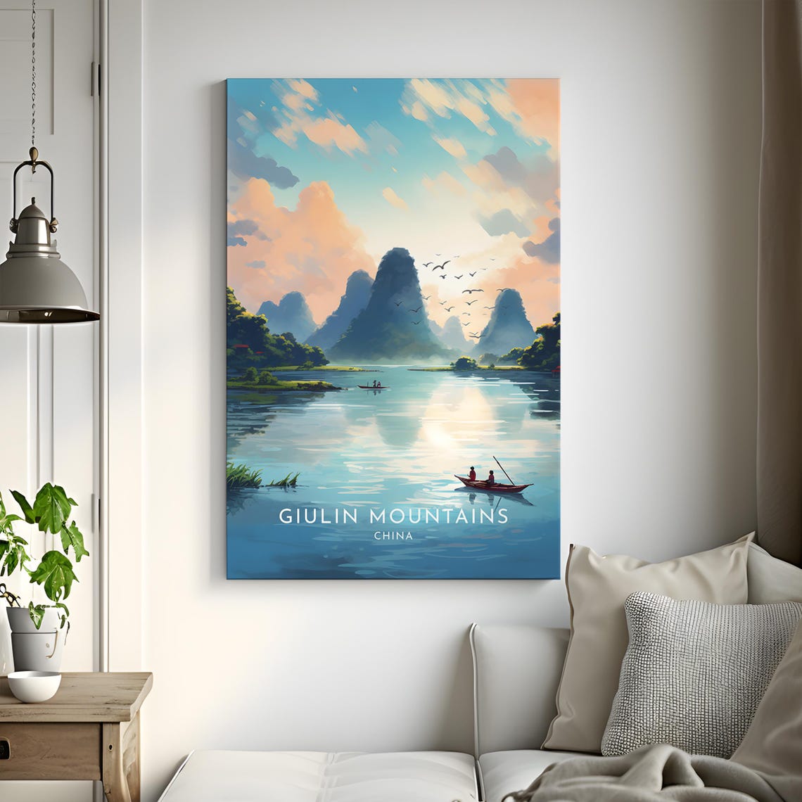 Giulin Karst Mountains Boats Birds Daytime River China Travel Poster - Image 3