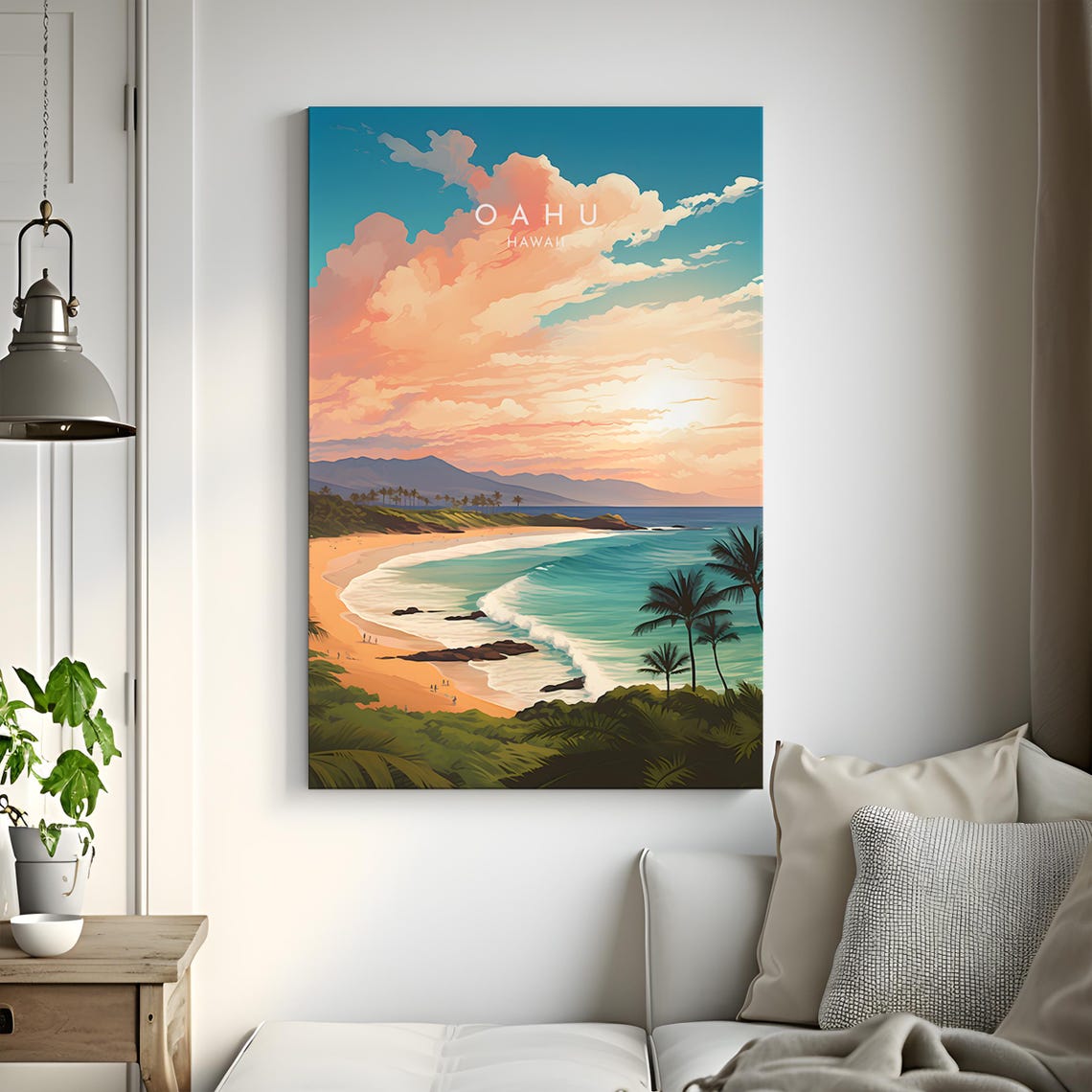 Oahu Hawaii Beach Golden Sunset Palm Trees Ocean Waves Travel Wall Art - Image 3