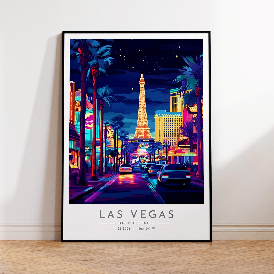 Las Vegas Strip Neon Night Eiffel Tower Street Travel Poster