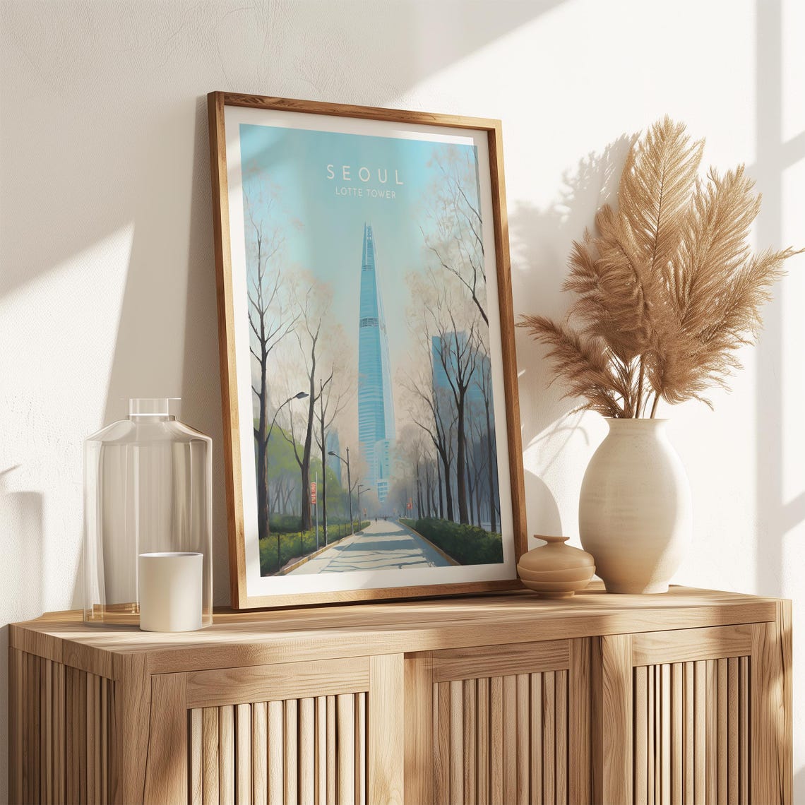 Seoul Lotte Tower Morning Skyline Tree Lined Blue Avenue Poster - Image 2