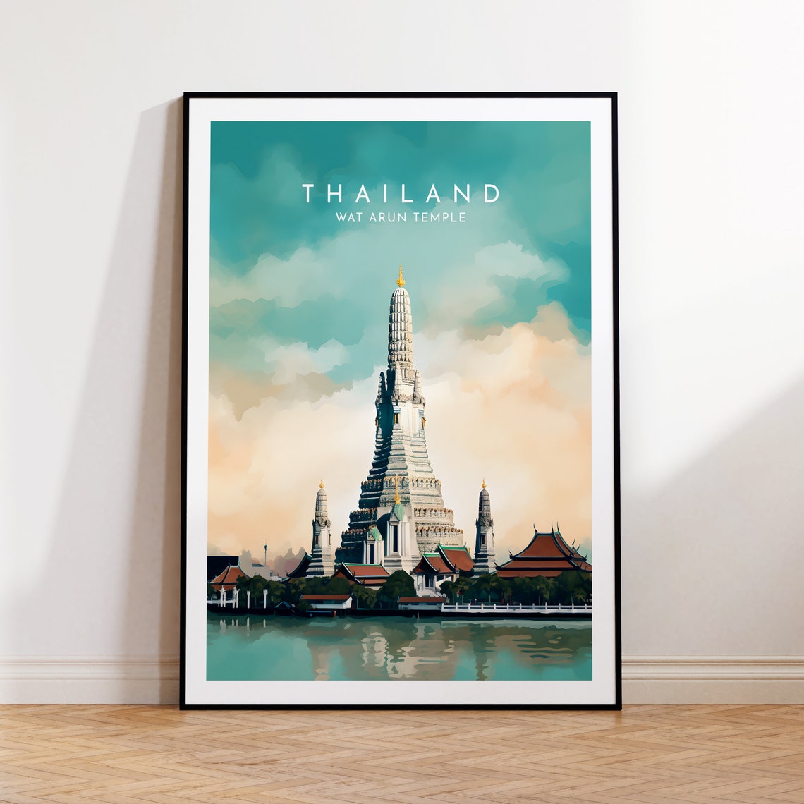 Wat Arun Thailand Riverside Temple Golden Dusk Sky Scene Poster