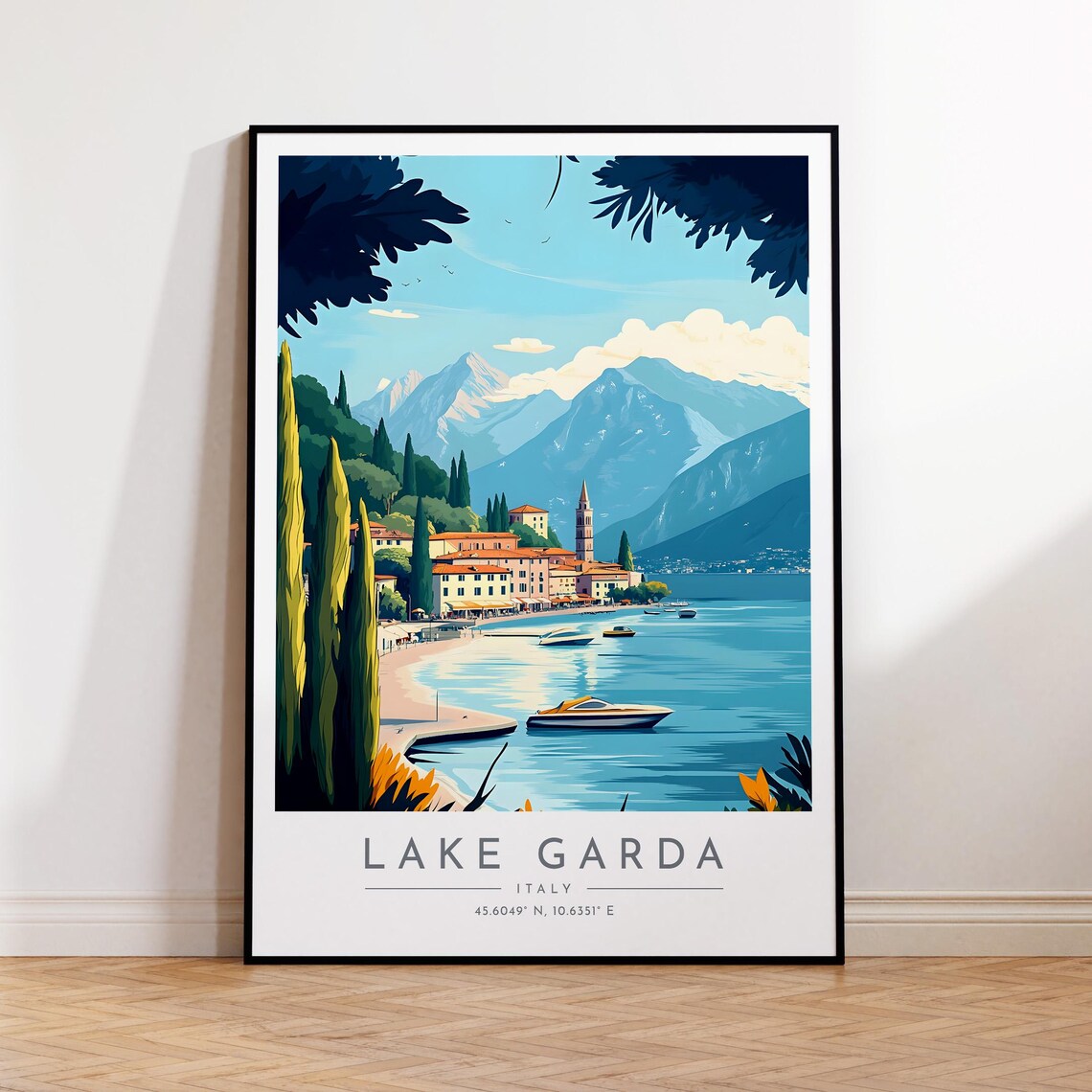 Lake Garda Lakeside Town Cypress Boats Italian Water Travel Poster