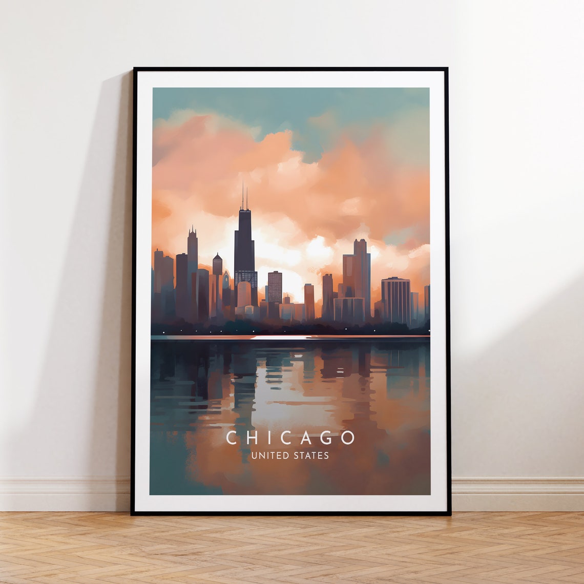 Chicago Skyline Sunset Poster United States City Travel View