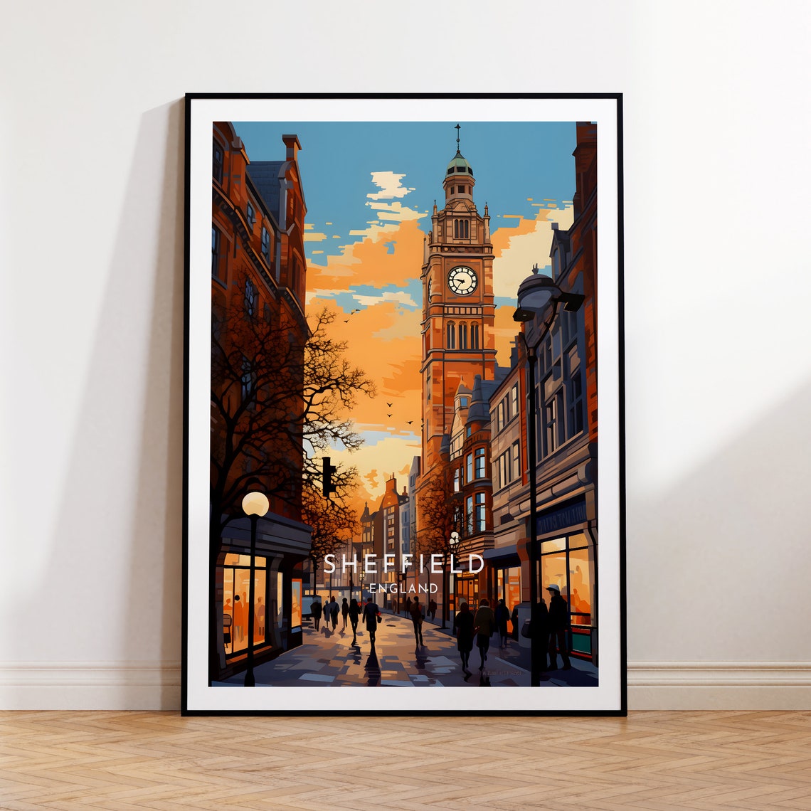 Sheffield England Clock Tower Evening Street Warm Lights Poster