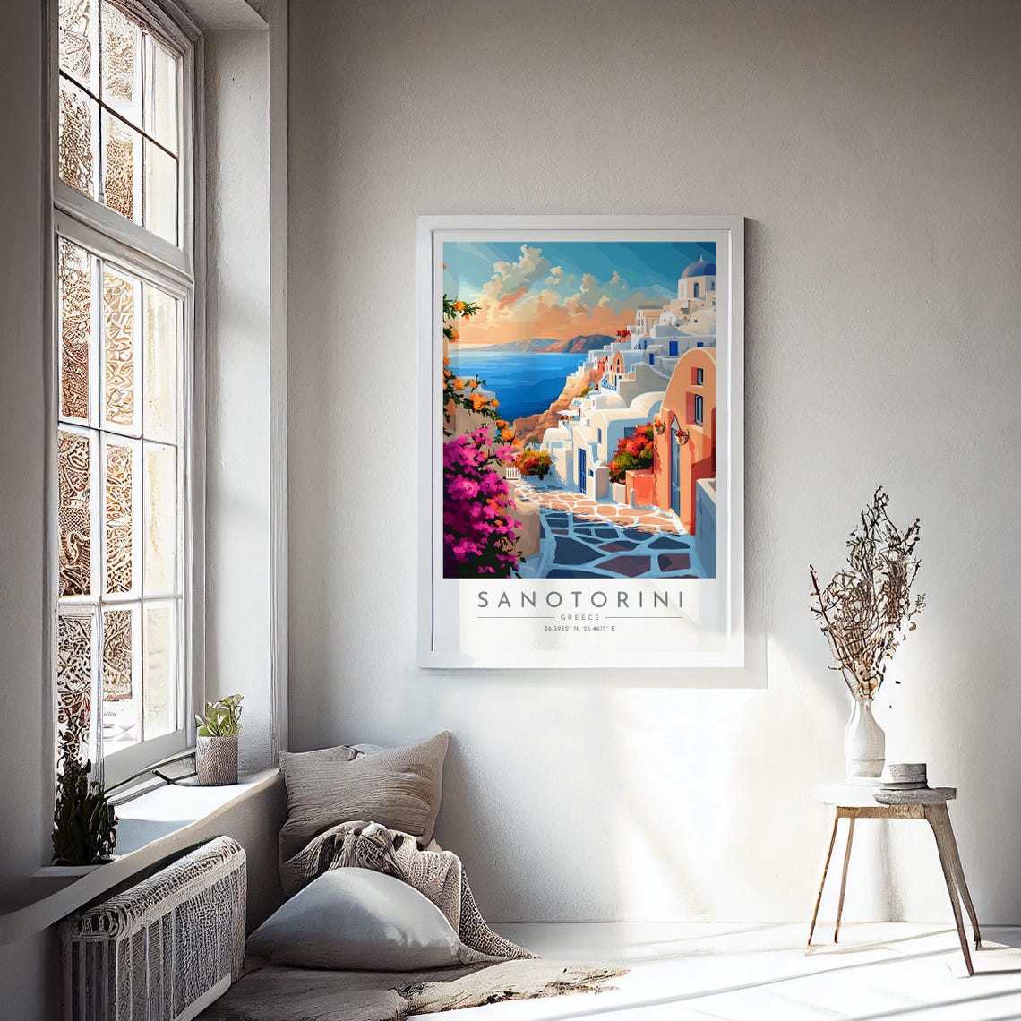 Santorini Greece Whitewashed Lane Bougainvillea Aegean Sea Poster - Image 4