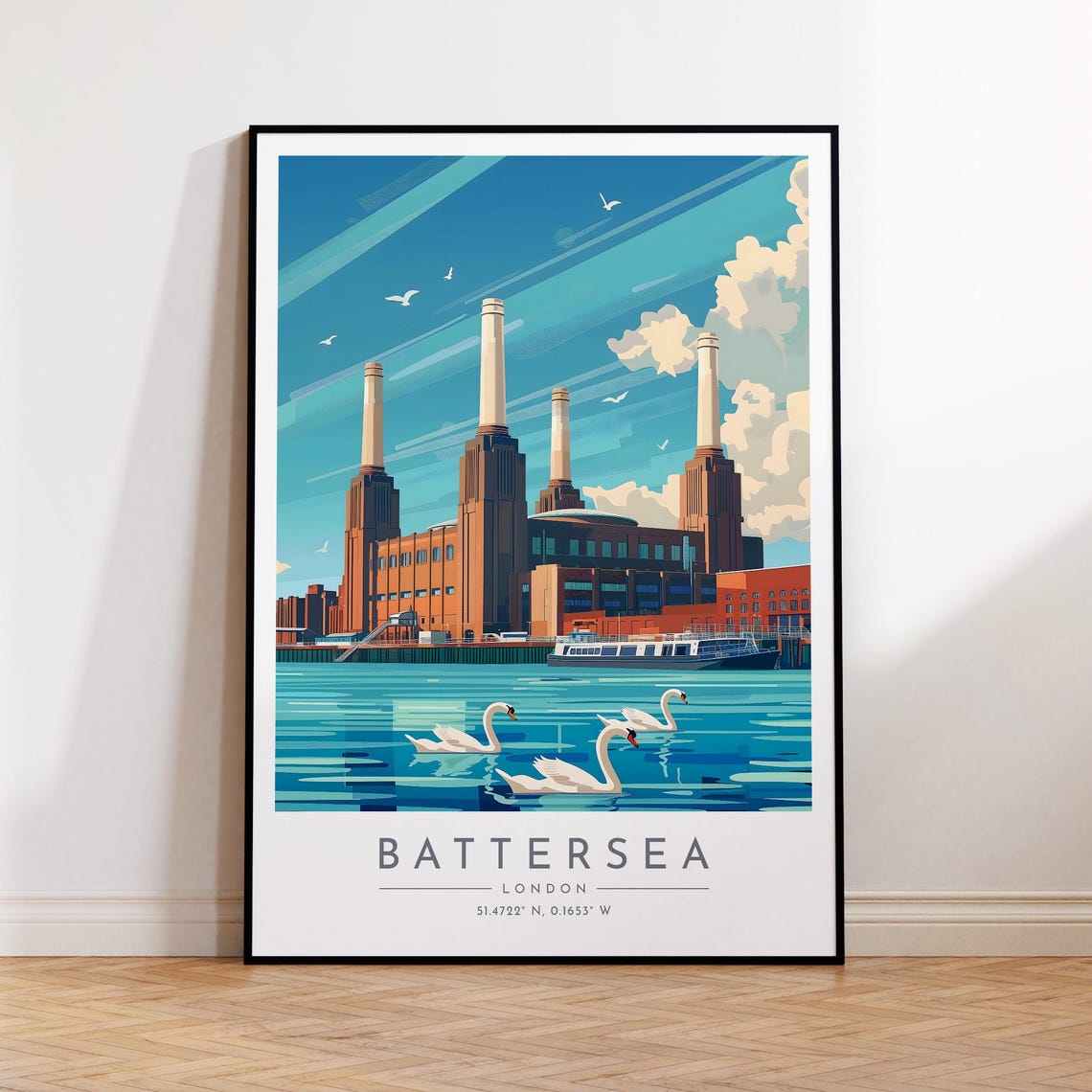 London Battersea Power Station Swans Thames Riverside View Poster