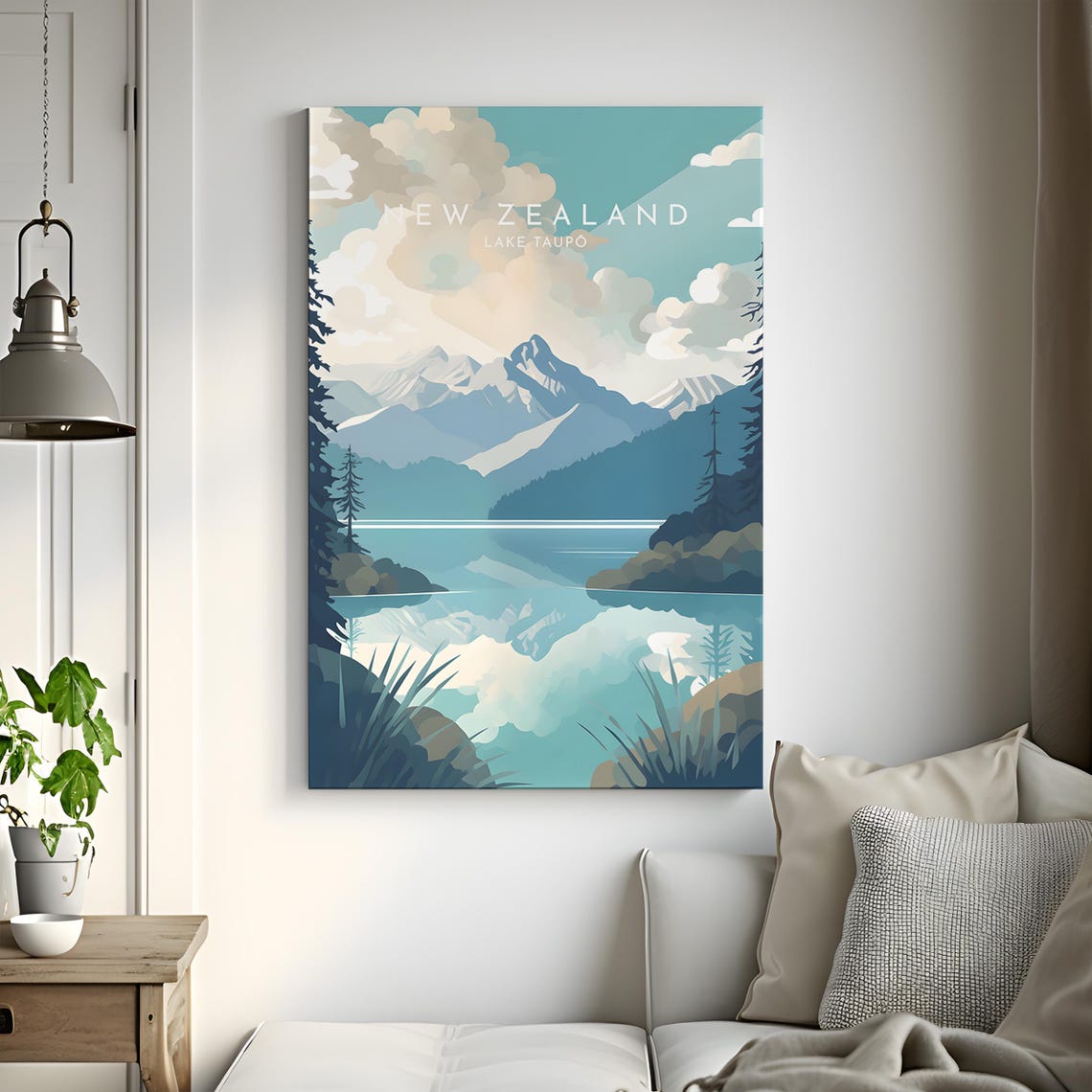 New Zealand Lake Taupo Mountain Reflection Serene Lakeside Poster - Image 3