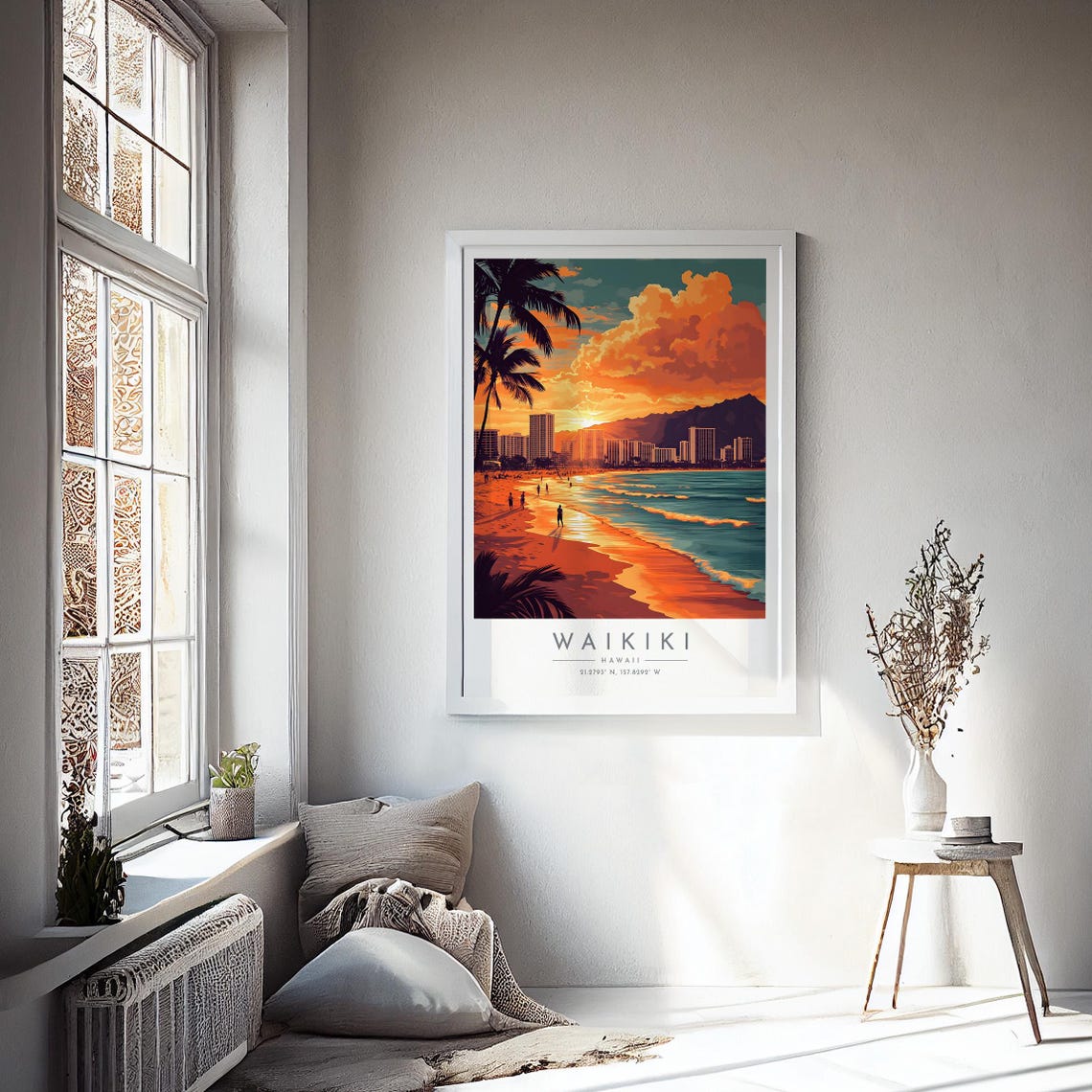 Waikiki Beach Hawaii Sunset Palms Diamond Head Shoreline Travel Poster - Image 4