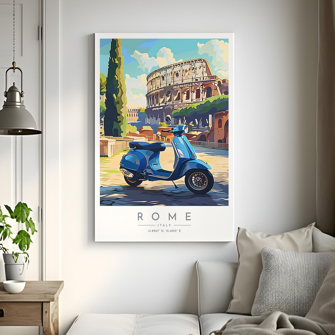 Rome Blue Vespa Scooter Colosseum Cobblestone Vintage Travel Poster - Image 2