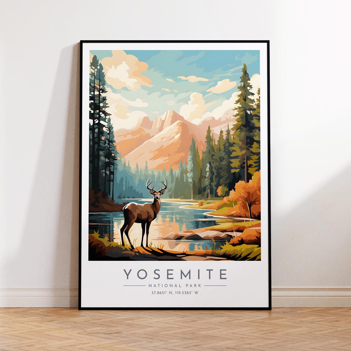 Yosemite National Park Lakeside Deer Calm Morning Lake Poster