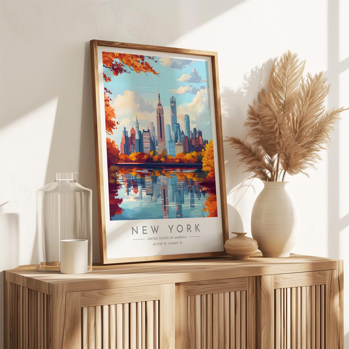 New York Autumn Skyline Fall Foliage Mirror Lake Reflection Poster - Image 3