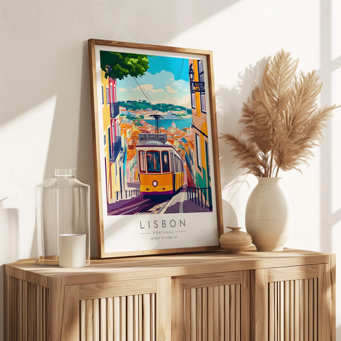 Lisbon Portugal Yellow Tram Hillside Harbor View Tram Poster - Image 3