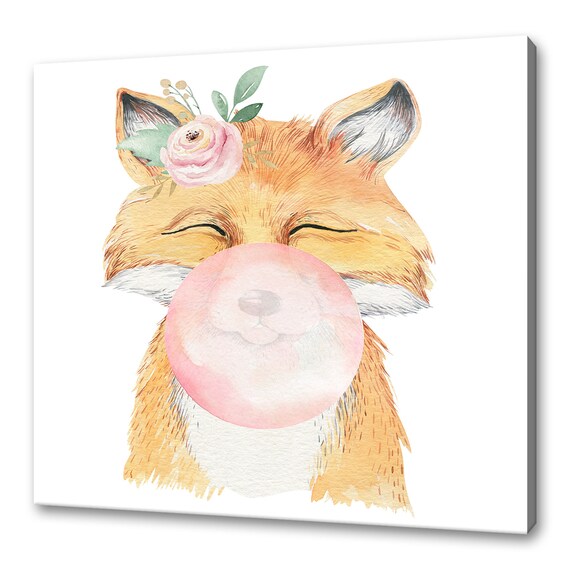 Cute Fox Blowing Pink Bubble Gum Flower Crown Nursery Art Poster
