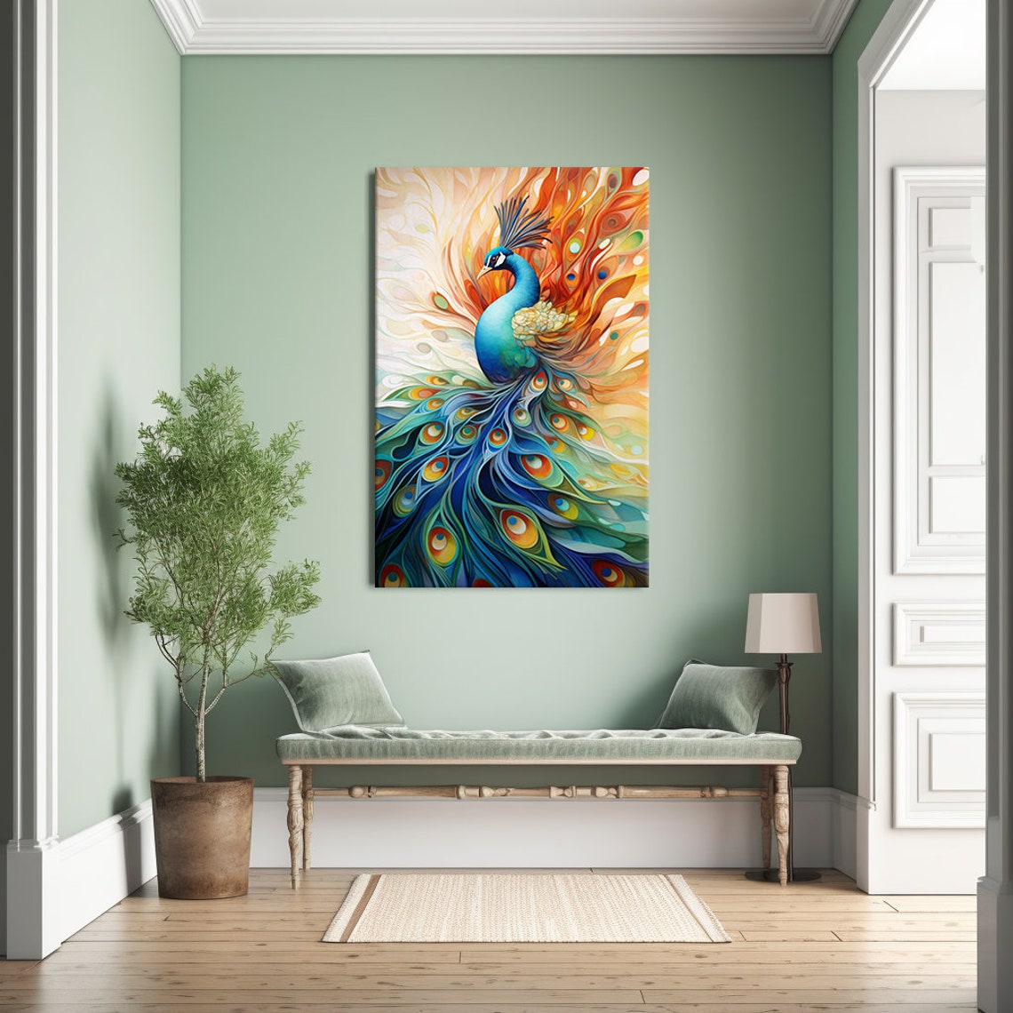Stylized Peacock With Rainbow Tail Feathers Colorful Bird Art Poster - Image 3
