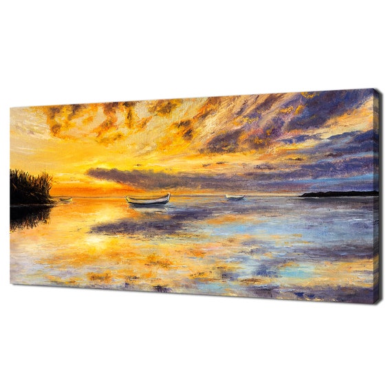 Stunning Painting Of Boats On The Lake At Sunset Modern Design Home Decor Print Wall Art Picture