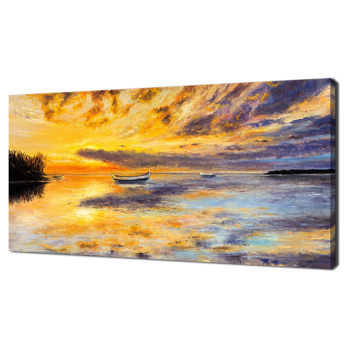 Boats On Lake Sunset Oil Painting Golden Purple Sky Wall Art