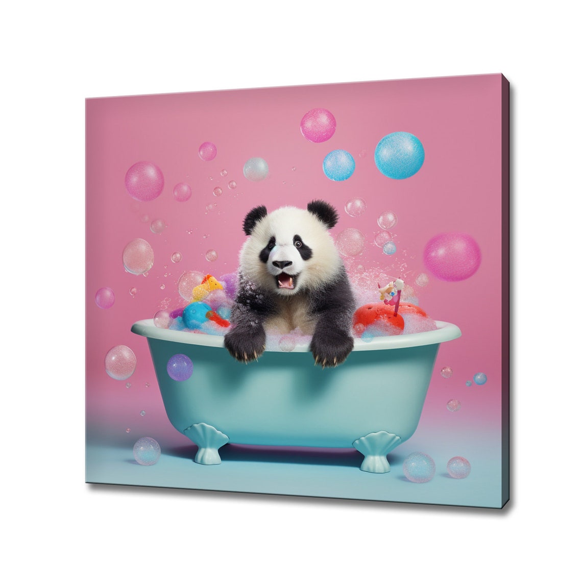 Joyful Panda Cub Bubble Bath With Toys Pastel Pink Animal Print