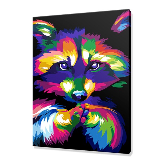 Rainbow Raccoon Face Front View Pop Art Black Background Animal Poster
