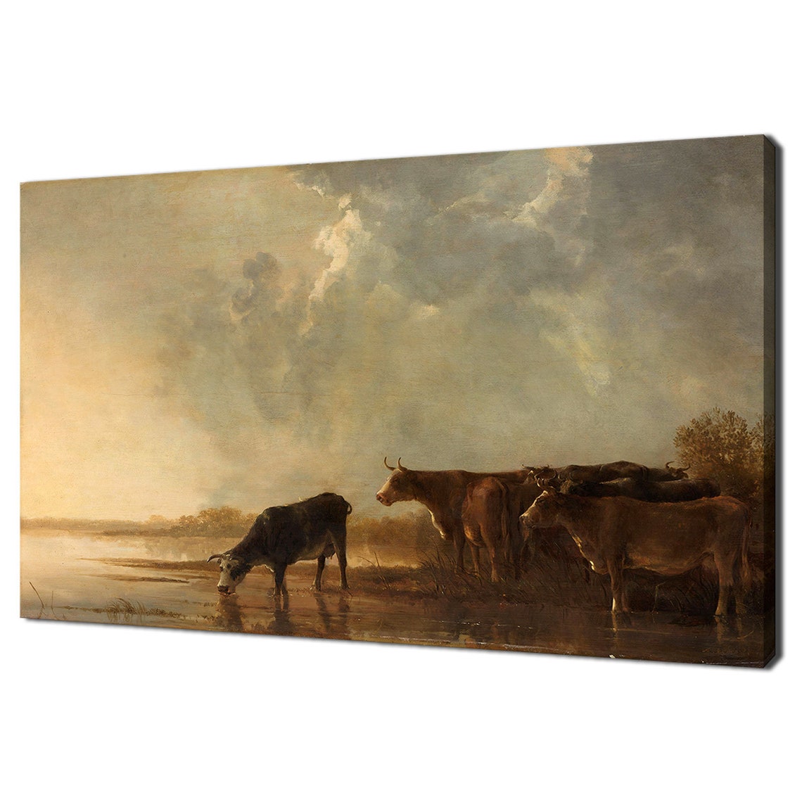 Cows Drinking at the River Bank Sunset Antique Landscape Print