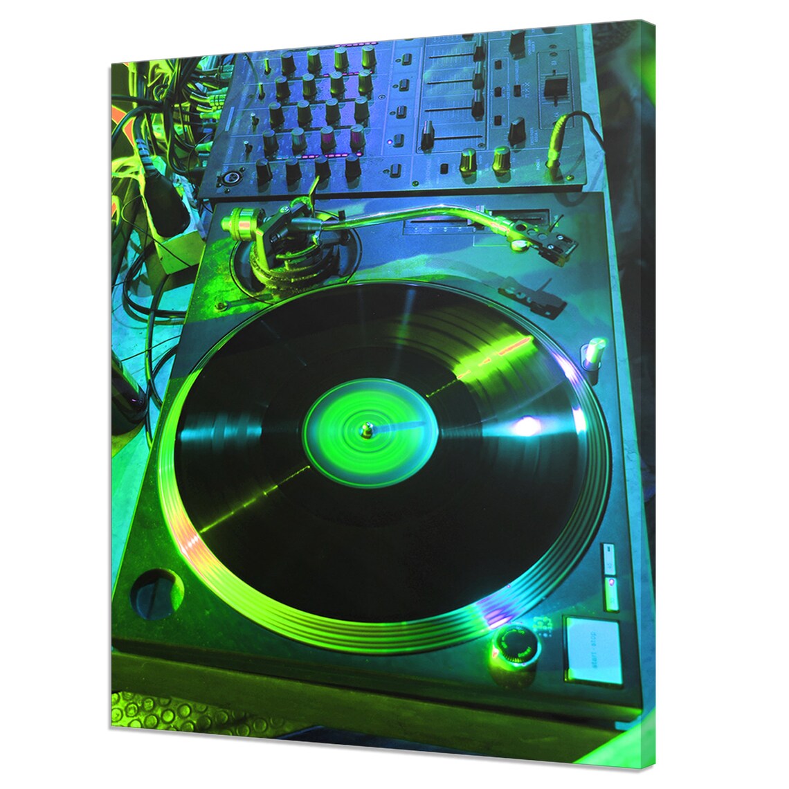 DJ Turntable And Mixer In Green Blue Neon Club Lights Music Poster