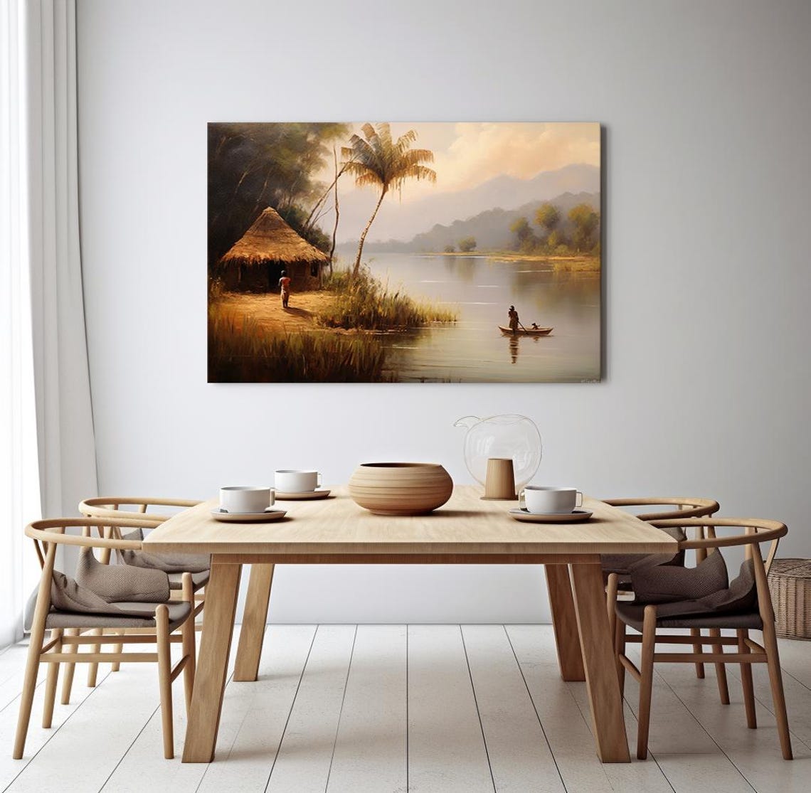 Boat On The Lake In Africa Landscape Painting Vintage Style Print Farmhouse Decor Art Nature Picture Wall Hanging Fine Art Print - Image 4