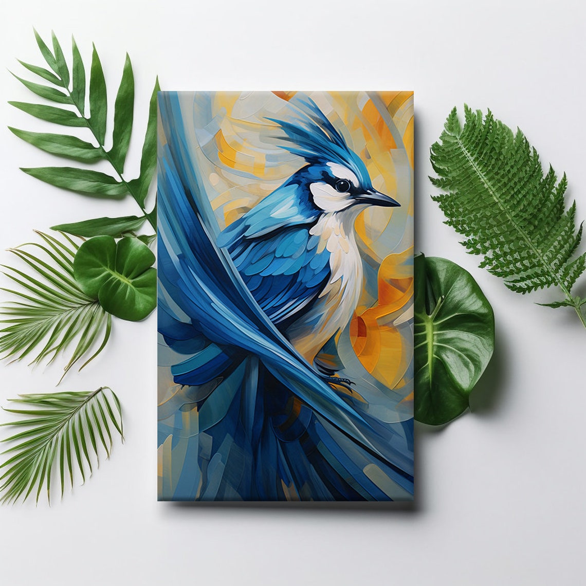 Blue Jay Bird Crested Blue Feathers Amber Swirl Abstract Art Print - Image 4