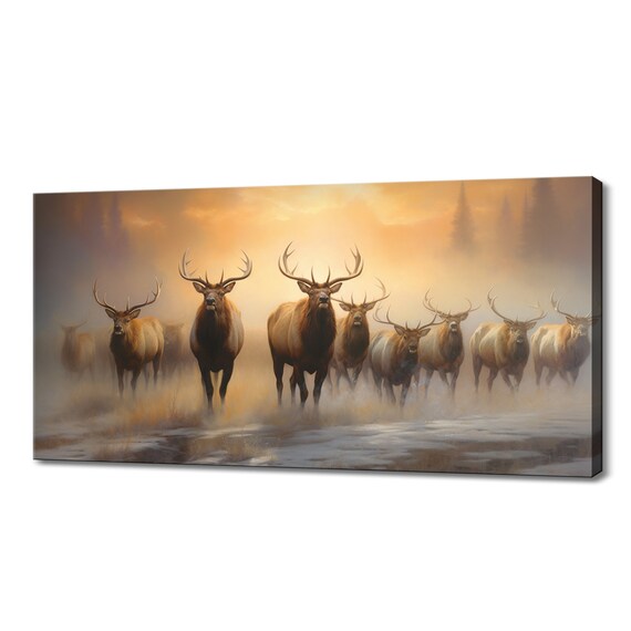 Majestic Elk Stags Sunrise Misty Meadow Forest Wildlife Wall Art