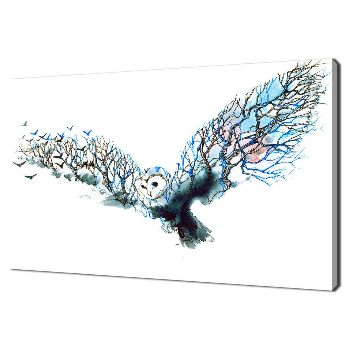 Watercolor Owl Tree Branch Wings Flying Birds Minimalist Art Print