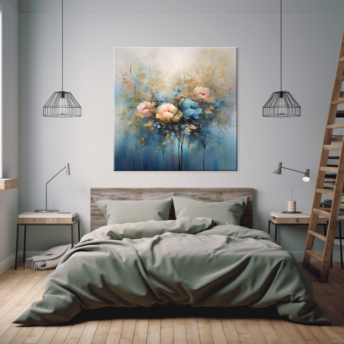 Pastel Blue Pink Peach Blossom Flowers Dreamy Soft Floral Wall Art - Image 2