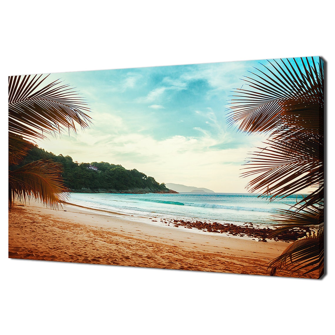 Tropical Beach Palm Fronds Turquoise Waves Golden Sand Seaside Poster