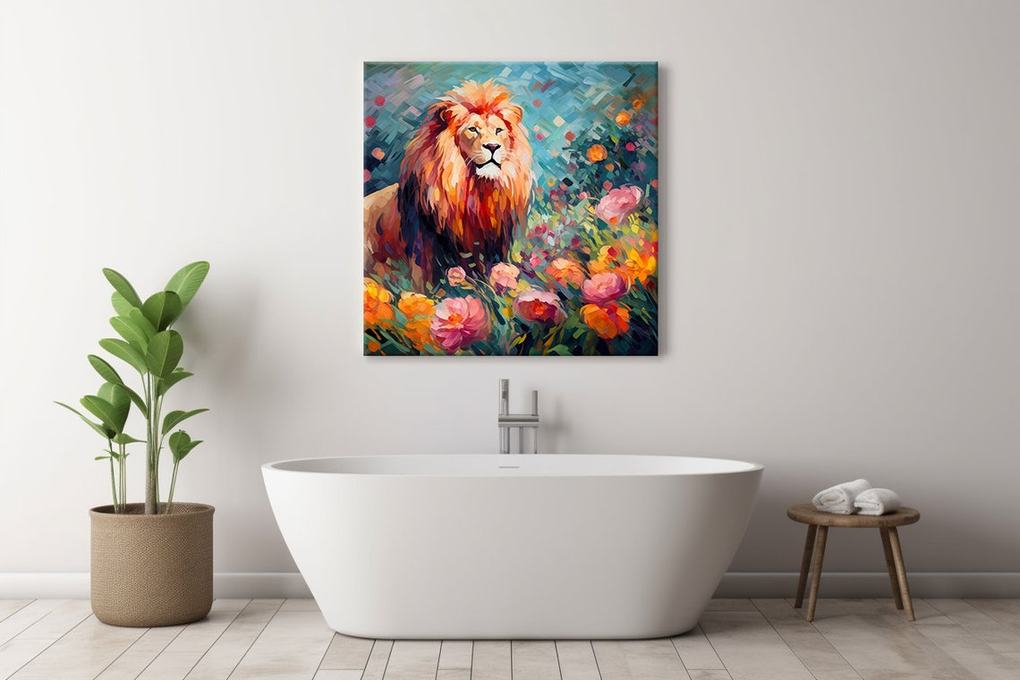 Lion With Fiery Mane Among Pink Orange Flowers Modern Art Poster - Image 3