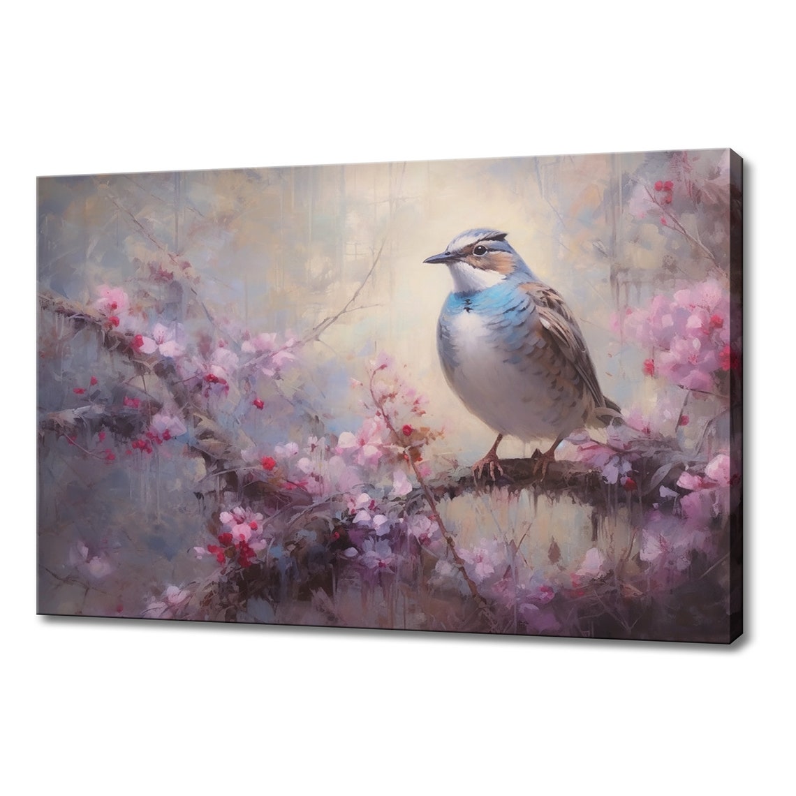 White And Blue Songbird Among Pink Blossoms Dreamy Spring Wall Art