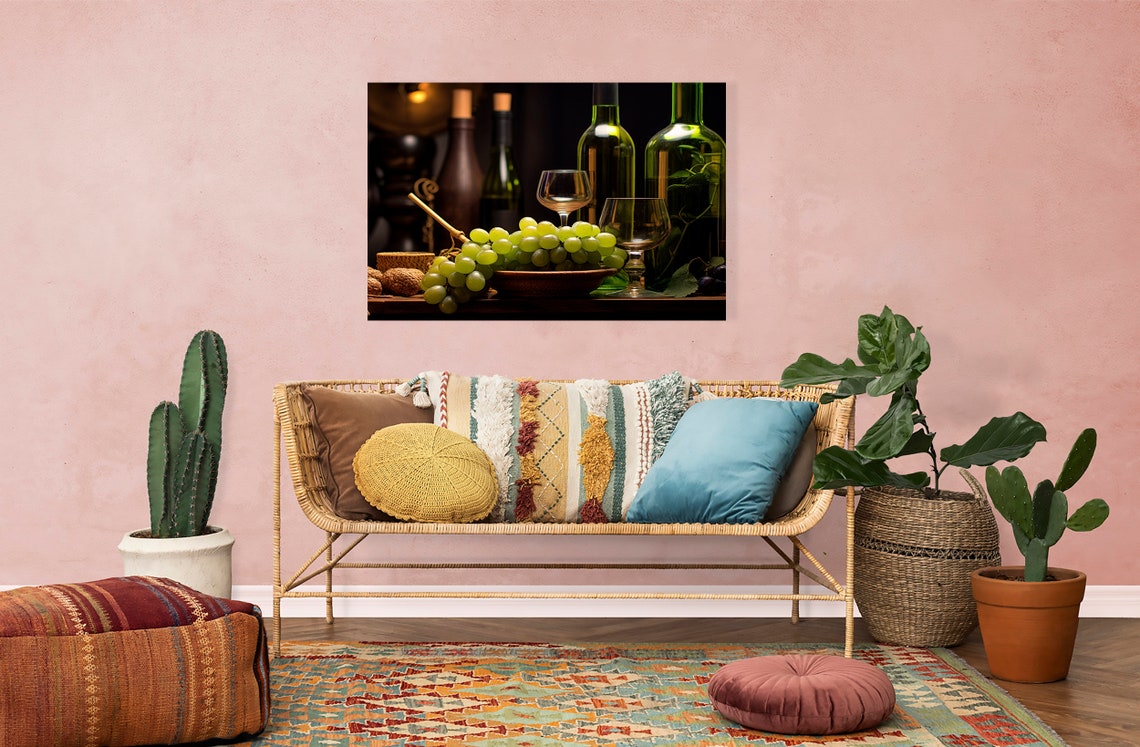 Wine Bottles Glasses And Green Grapes In Bowl Rustic Kitchen Wall Art - Image 4