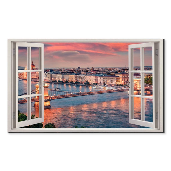 Parliament And Chain Bridge Pest City Hungary Window View Window Frame Style Modern Design Home Decor Print Wall Art Picture