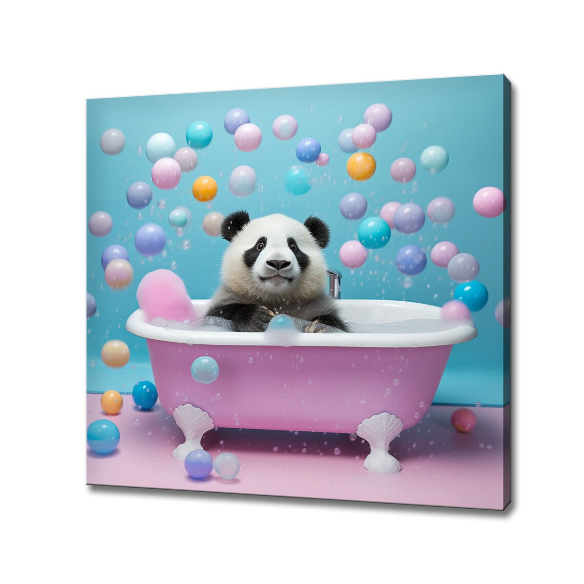 Cute Panda Cub in Pink Clawfoot Tub With Candy Balls Animal Print