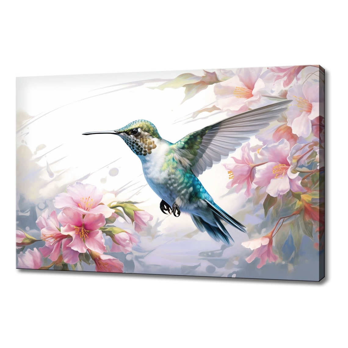 Green Blue Hummingbird Flying Pink Blossom Flowers White Art Poster