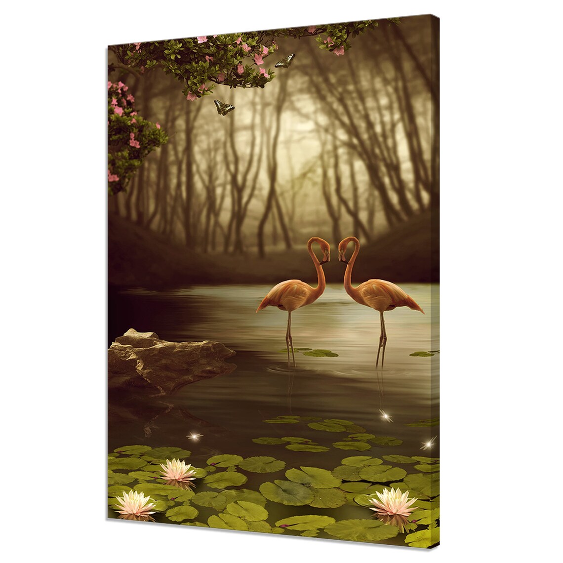 Flamingos On A Misty Lake With Water Lilies Fantasy Art Print