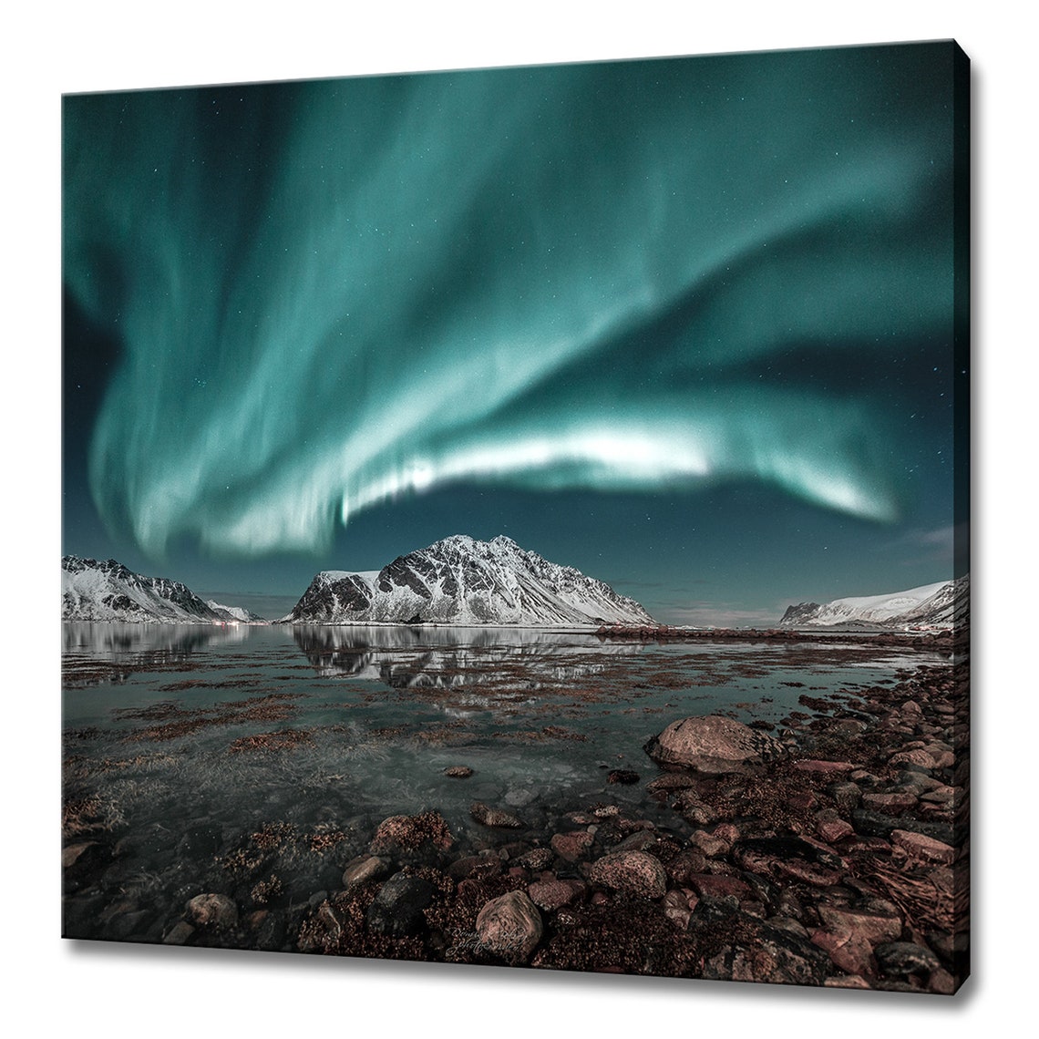Northern Lights Aurora Borealis Over Snowy Mountains Lake Night Poster